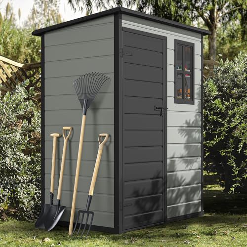 DWVO 5x3ft Resin Outdoor Storage Shed with Floor, Waterproof Lockable Storage Shed with Window, Plastic Outside Tool Storage for Garden, Backyard, Patio, Lawn, Gray